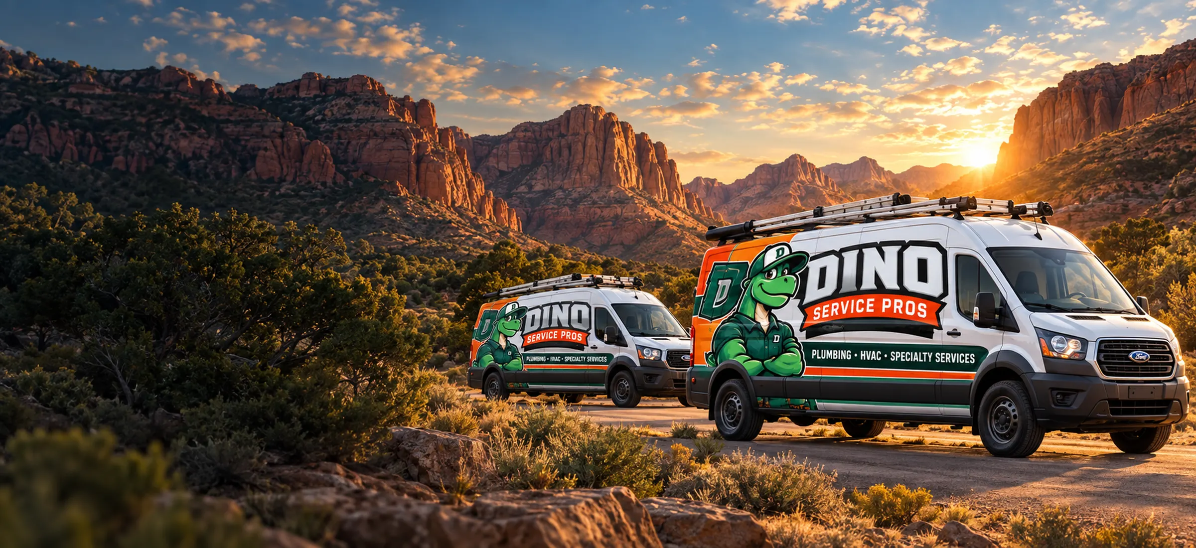 Dino Service Pros vans in the Southern Utah desert